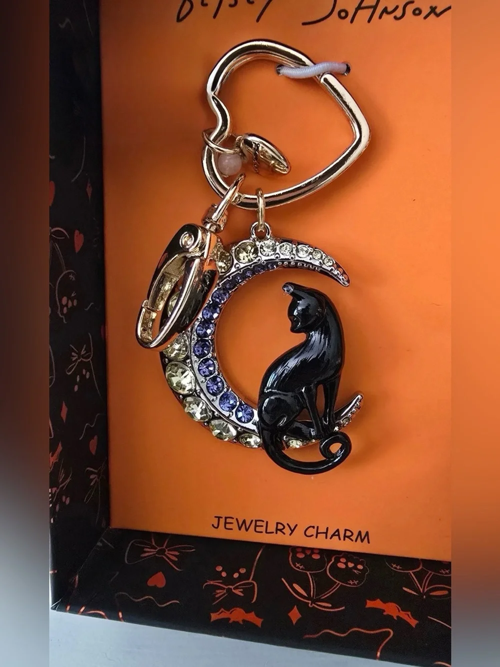BETSEY JOHNSON Halloween Black Cat & Crystal-Studded Moon Bag Charm Keychain NWT